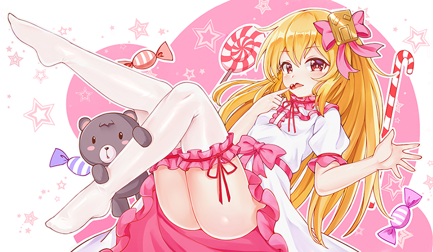 1girl ass bangs blonde_hair blush_stickers bow breasts bushi_(1622035441) candy candy_cane center_frills chinese_commentary commentary_request dress eyebrows_visible_through_hair food full_body hair_bow hair_ornament index_finger_raised keisenko knee_up leg_garter leg_up lollipop long_hair looking_at_viewer neck_ribbon no_shoes open_mouth original partial_commentary petticoat pink_background pink_bow pink_sash puffy_short_sleeves puffy_sleeves red_eyes red_neckwear red_ribbon ribbon sash short_sleeves sidelocks small_breasts solo star stuffed_animal stuffed_toy teddy_bear thigh-highs thighs tongue tongue_out touhou two-tone_background white_background white_dress white_legwear