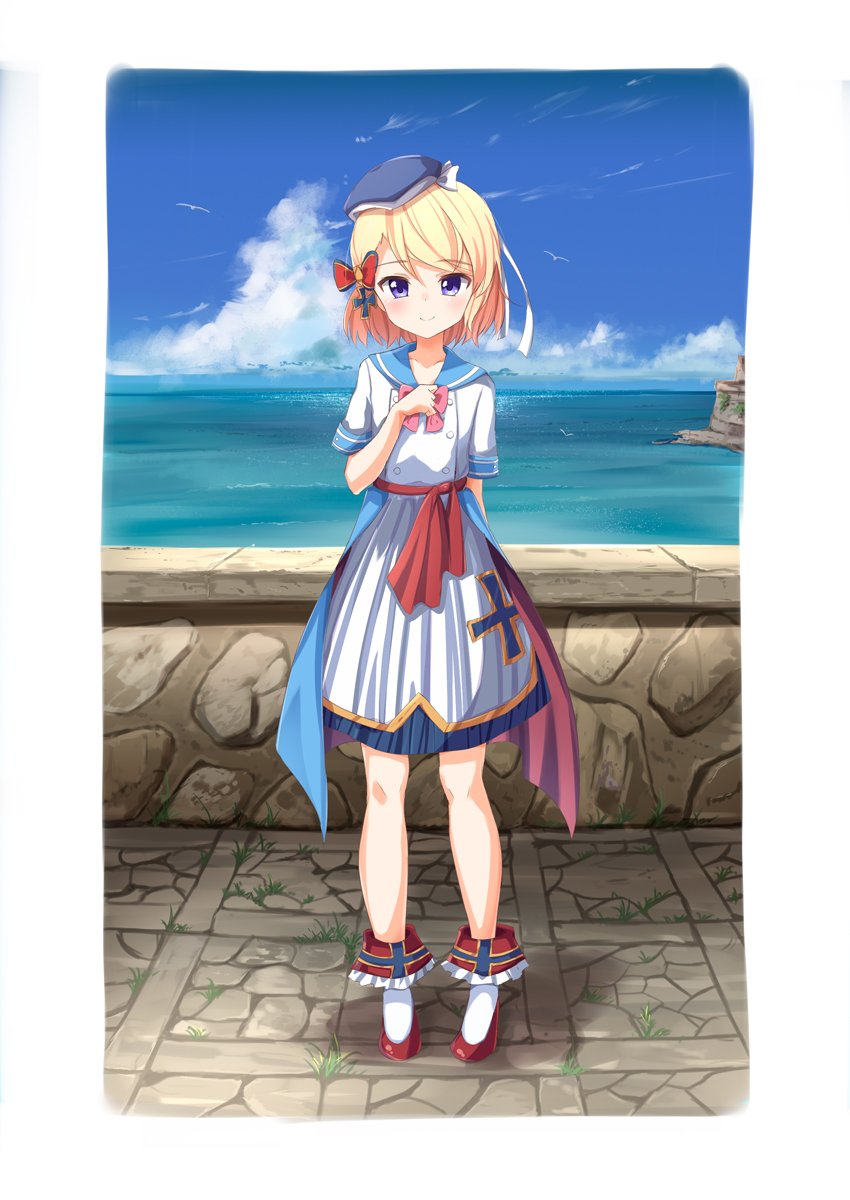 1girl ame. arm_behind_back azur_lane bangs beret blonde_hair blue_headwear blue_sailor_collar blue_sky blush boots bow closed_mouth clouds collarbone commentary_request day eyebrows_visible_through_hair frills hand_up hat highres horizon iron_cross ocean outdoors pink_bow pleated_skirt sailor_collar school_uniform serafuku shirt skirt sky smile solo standing stone_wall tilted_headwear violet_eyes wall water white_footwear white_shirt white_skirt z23_(azur_lane)
