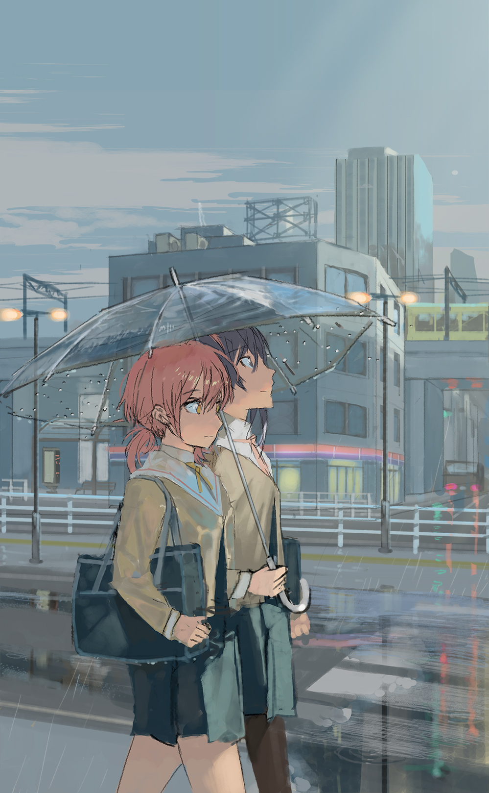 2girls bag black_eyes black_hair black_legwear city clouds crosswalk fujibejifu grey_sky ground_vehicle highres koito_yuu lamppost multiple_girls nanami_touko outdoors pleated_skirt ponytail rain school_uniform shared_umbrella shoulder_bag skirt train umbrella yagate_kimi_ni_naru