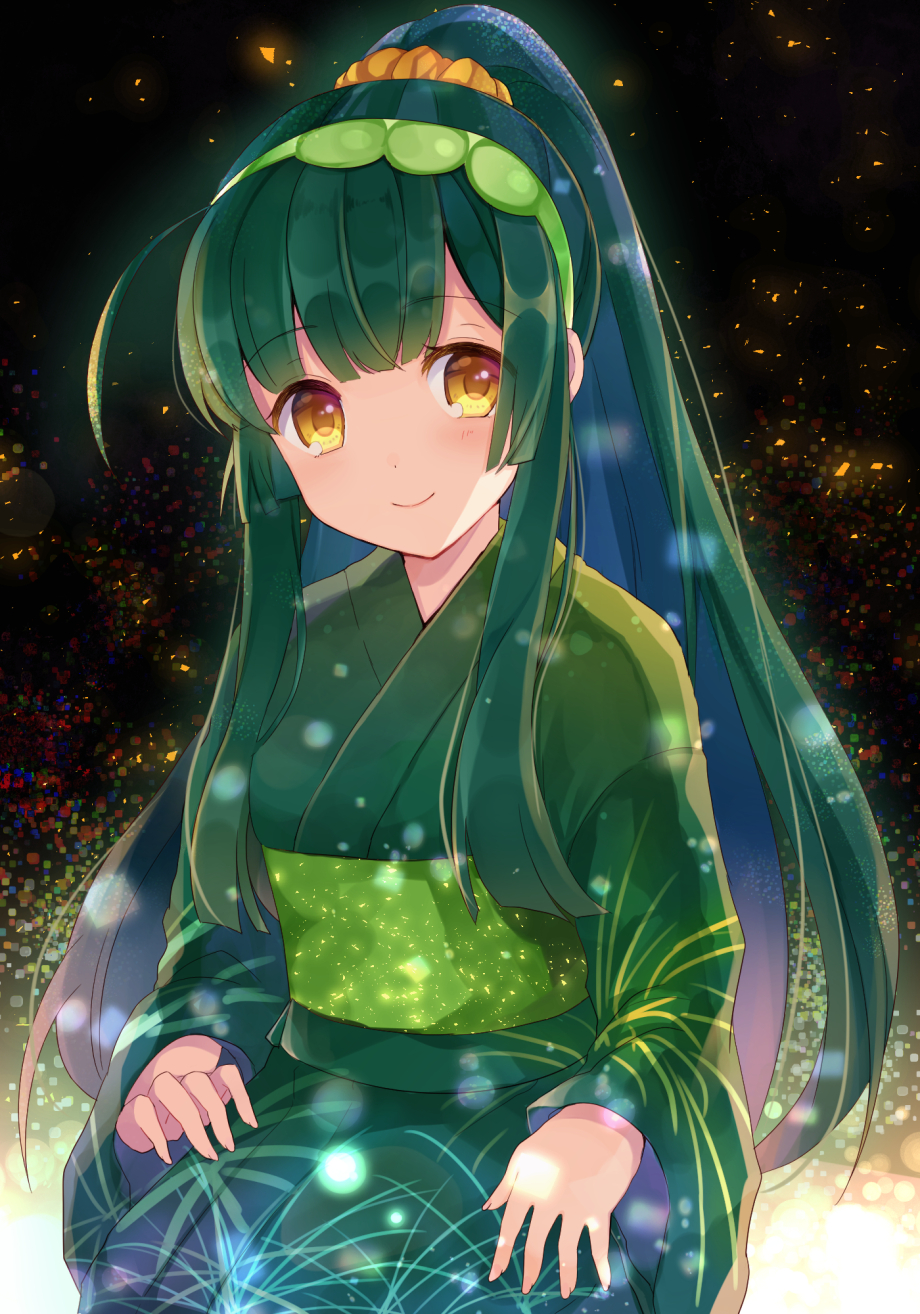 1girl bangs blue_hair blush brown_eyes closed_mouth commentary_request eyebrows_visible_through_hair fingernails green_hair green_hairband green_kimono hair_ornament hair_scrunchie hairband high_ponytail highres japanese_clothes kimono long_hair long_sleeves multicolored_hair obi orange_scrunchie ponytail sash scrunchie shikino_(sikinonono) sitting smile solo touhoku_zunko two-tone_hair very_long_hair voiceroid wide_sleeves