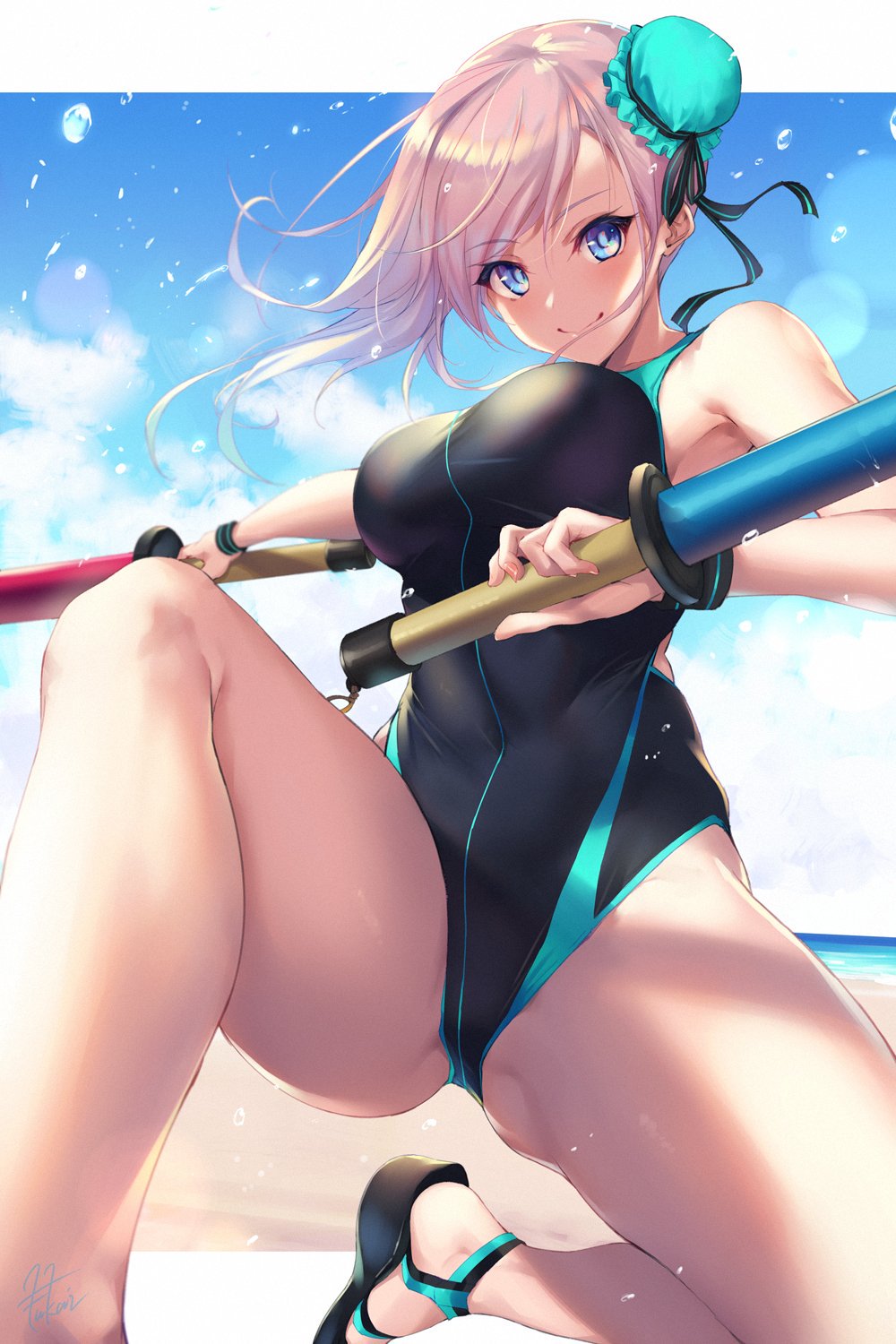 1girl ass_visible_through_thighs bangs bare_shoulders beach black_swimsuit blue_eyes blue_sky blue_swimsuit blush border breasts bun_cover closed_mouth competition_swimsuit fate/grand_order fate_(series) fukai_ryousuke hair_bun highleg highleg_swimsuit highres large_breasts long_hair looking_at_viewer miyamoto_musashi_(fate/grand_order) one-piece_swimsuit pink_hair sandals sky smile solo swept_bangs swimsuit thighs toy_sword two-tone_swimsuit water_drop white_border