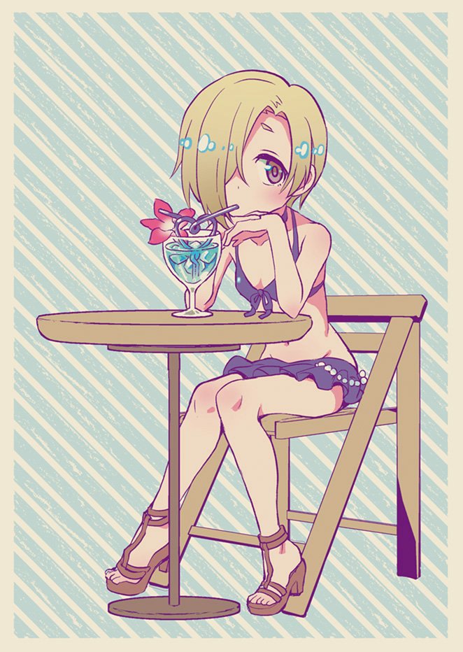 1girl arm_support bare_shoulders bikini bikini_skirt blonde_hair blush breasts brown_eyes chair commentary crazy_straw cup drink drinking drinking_glass drinking_straw flower folding_chair front-tie_bikini front-tie_top full_body hair_over_one_eye heart_straw high_heels hurricane_glass ice ice_cube idolmaster idolmaster_cinderella_girls igaiga sandals shirasaka_koume short_hair sitting small_breasts solo striped striped_background swimsuit table