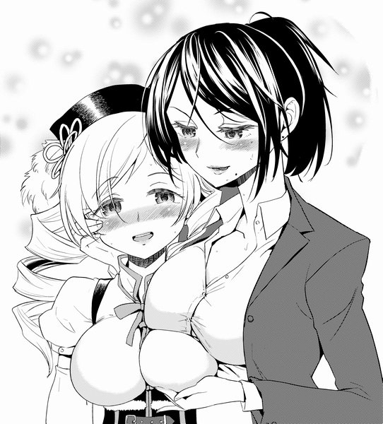 2girls ayanero_taicho beret blush breast_grab breast_rest breasts drill_hair formal grabbing greyscale hand_on_another's_cheek hand_on_another's_face hat long_hair mahou_shoujo_madoka_magica mole mole_under_eye monochrome multiple_girls office_lady open_collar open_mouth ponytail smile suir suit tomoe_mami twin_drills upper_body yuri