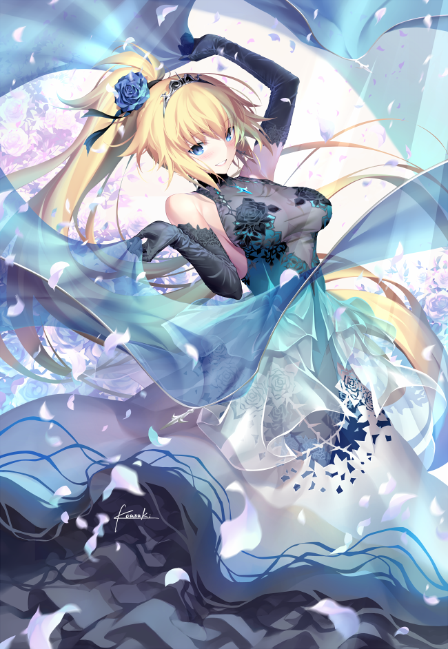 1girl bangs bare_shoulders blonde_hair blue_dress blue_eyes blue_flower blue_gloves blue_rose blush breasts commentary_request craft_essence dress elbow_gloves eyebrows_visible_through_hair fate/apocrypha fate_(series) floating_hair flower gloves holding jeanne_d'arc_(fate) jeanne_d'arc_(fate)_(all) jewelry kousaki_rui large_breasts layered_dress long_hair looking_at_viewer necklace ponytail rose see-through shawl sleeveless sleeveless_dress smile solo tiara very_long_hair wind