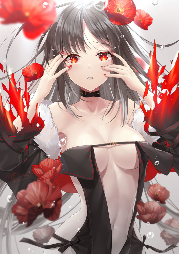 1girl bare_shoulders breasts breasts_apart brown_hair choker collarbone consort_yu_(fate) detached_sleeves fate/grand_order fate_(series) flower fur_trim hands_on_own_face hands_up kagachi_saku long_hair long_sleeves medium_breasts nail_polish navel object_namesake parted_lips peeking_through_fingers poppy_(flower) red_eyes red_nails revealing_clothes upper_body wide_sleeves