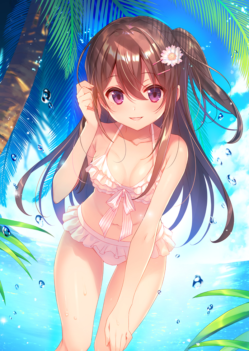 1girl bare_arms bare_shoulders bikini bikini_skirt breasts breasts_apart brown_hair clouds collarbone commentary_request day flower frilled_bikini frills hair_between_eyes hair_flower hair_ornament hairclip halter_top halterneck hand_up long_hair looking_at_viewer medium_breasts navel ocean one_side_up original outdoors palm_tree parted_lips sidelocks smile solo stomach swimsuit takei_ooki thighs tree violet_eyes water white_bikini white_flower