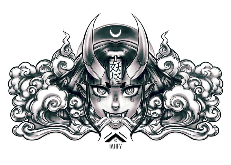 1girl commentary crescent demon demon_horns english_commentary face facial_tattoo fangs horns iahfy long_hair monochrome ofuda oni_horns original short_eyebrows smoke solo symmetry tattoo white_background