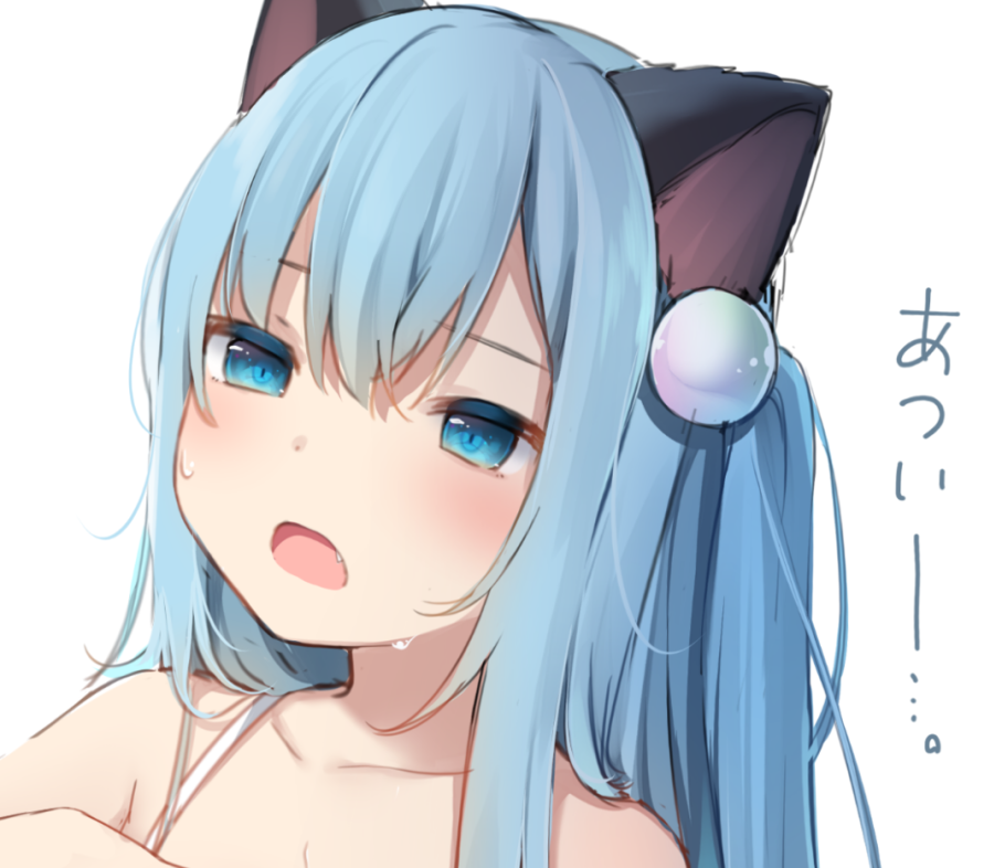 1girl amashiro_natsuki animal_ears bangs bare_shoulders blue_eyes blue_hair blush cat_ears collarbone commentary_request eyebrows_visible_through_hair hair_between_eyes hair_ornament long_hair looking_at_viewer one_side_up open_mouth original simple_background solo sweat translated upper_body white_background