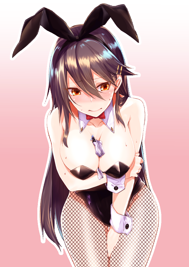 1girl alternate_costume animal_ears bare_shoulders between_breasts black_hair black_leotard blush breasts brown_eyes bunny_girl bunnysuit commentary_request detached_collar embarrassed fake_animal_ears fishnet_pantyhose fishnets hair_ornament hairclip haruna_(kantai_collection) kantai_collection kyougoku_touya large_breasts leotard long_hair nose_blush panties panties_removed pantyhose rabbit_ears solo strapless strapless_leotard striped striped_panties sweat underwear white_panties wrist_cuffs
