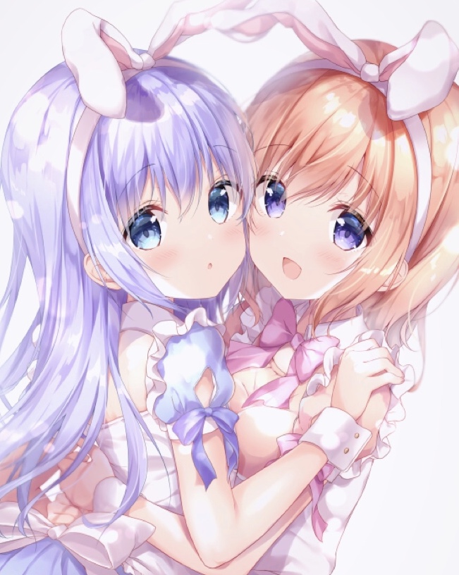 2girls :d :o amedamacon animal_ears bangs blue_bow blue_eyes blue_hair blush bow breasts brown_hair cheek-to-cheek commentary_request dress eyebrows_visible_through_hair fake_animal_ears gochuumon_wa_usagi_desu_ka? grey_background hair_between_eyes hairband hoto_cocoa hug kafuu_chino long_hair medium_breasts multiple_girls open_mouth parted_lips pink_bow puffy_short_sleeves puffy_sleeves rabbit_ears short_sleeves simple_background smile very_long_hair violet_eyes white_bow white_dress white_hairband wrist_cuffs