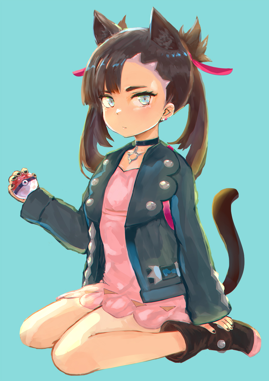 1girl animal_ears aqua_eyes black_hair cat_ears choker dress earrings fake_animal_ears fatherland2009 full_body hair_ribbon half-closed_eyes highres jacket jewelry kemonomimi_mode long_sleeves looking_at_viewer mary_(pokemon) nail_polish poke_ball pokemon pokemon_(game) pokemon_swsh ribbon solo tail twintails