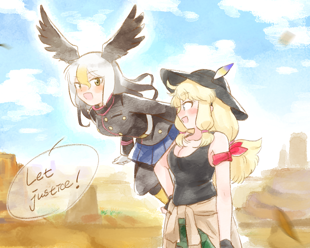 2girls :d armband bald_eagle_(kemono_friends) bangs bare_shoulders black_gloves black_hair black_headwear black_legwear black_tank_top blonde_hair blue_skirt clothes_around_waist commentary_request english_text engrish_text eyebrows_visible_through_hair gloves guest-san_(kemono_friends_3) hair_between_eyes hat head_wings kemono_friends kemono_friends_3 long_hair long_sleeves low_twintails moeki_(moeki0329) multicolored_hair multiple_girls open_mouth pantyhose pleated_skirt ranguage skirt smile speech_bubble twintails white_hair yellow_eyes