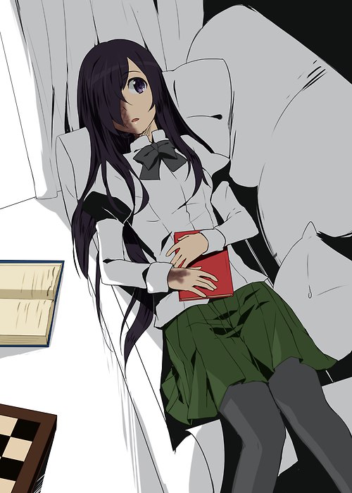 1girl a black_hair book bow bowtie couch green_skirt hair_over_one_eye holding holding_book ikezawa_hanako katawa_shoujo long_hair long_sleeves looking_to_the_side lying official_art on_back open_mouth pantyhose puffy_sleeves scar school_uniform skirt solo violet_eyes weee_(raemz)