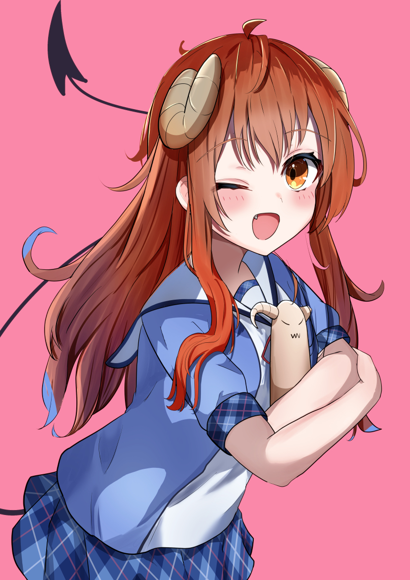 1girl blush brown_eyes brown_hair demon_girl demon_horns demon_tail eyebrows_visible_through_hair fang garaudon horns long_hair looking_at_viewer machikado_mazoku one_eye_closed open_mouth pink_background school_uniform simple_background smile solo statue tail yoshida_yuuko_(machikado_mazoku)