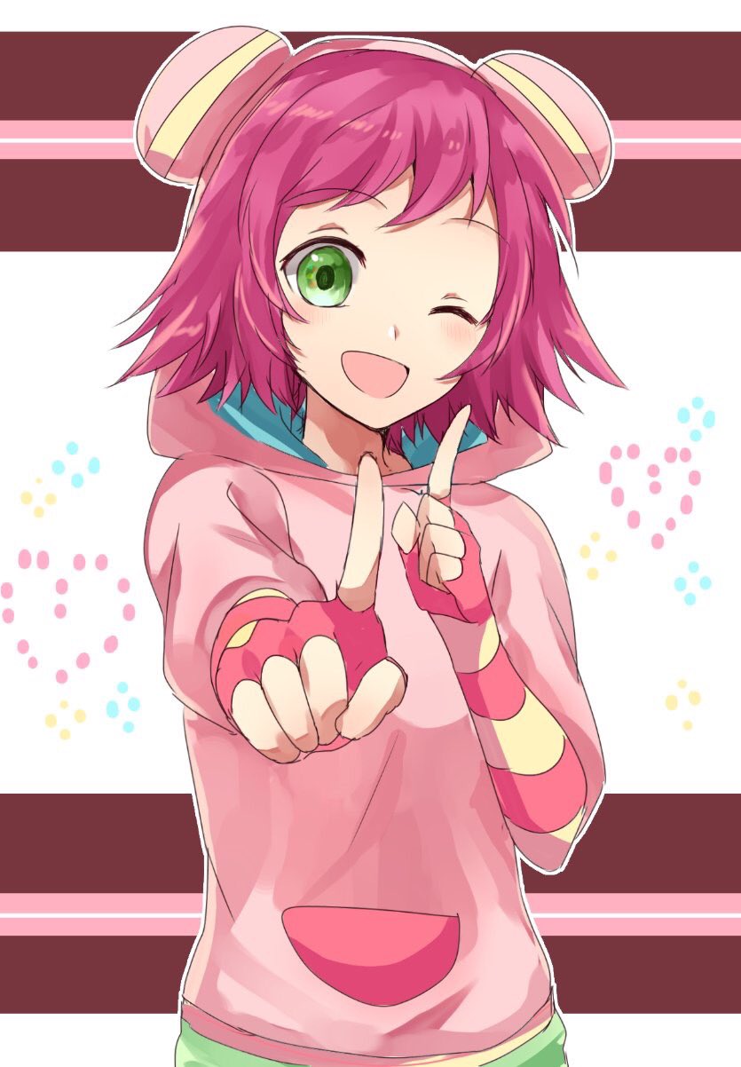 1girl blush capcom commentary_request fingerless_gloves gloves green_eyes hand_gesture heart hibiki_misora highres hood hoodie index_finger_raised looking_at_viewer mihane0vl one_eye_closed open_mouth pink_hoodie purple_hair rockman ryuusei_no_rockman short_hair smile solo upper_body