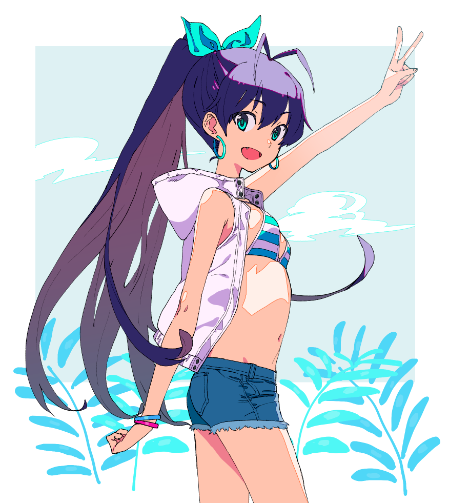 1girl antenna_hair aqua_eyes armpit_peek bangs bikini_top bracelet breasts cowboy_shot denim denim_shorts earrings eyes_visible_through_hair fang ganaha_hibiki hair_between_eyes idolmaster idolmaster_(classic) jewelry long_hair looking_at_viewer navel oda_ya_ka open_mouth outside_border ponytail ribbon shorts sleeveless small_breasts solo v