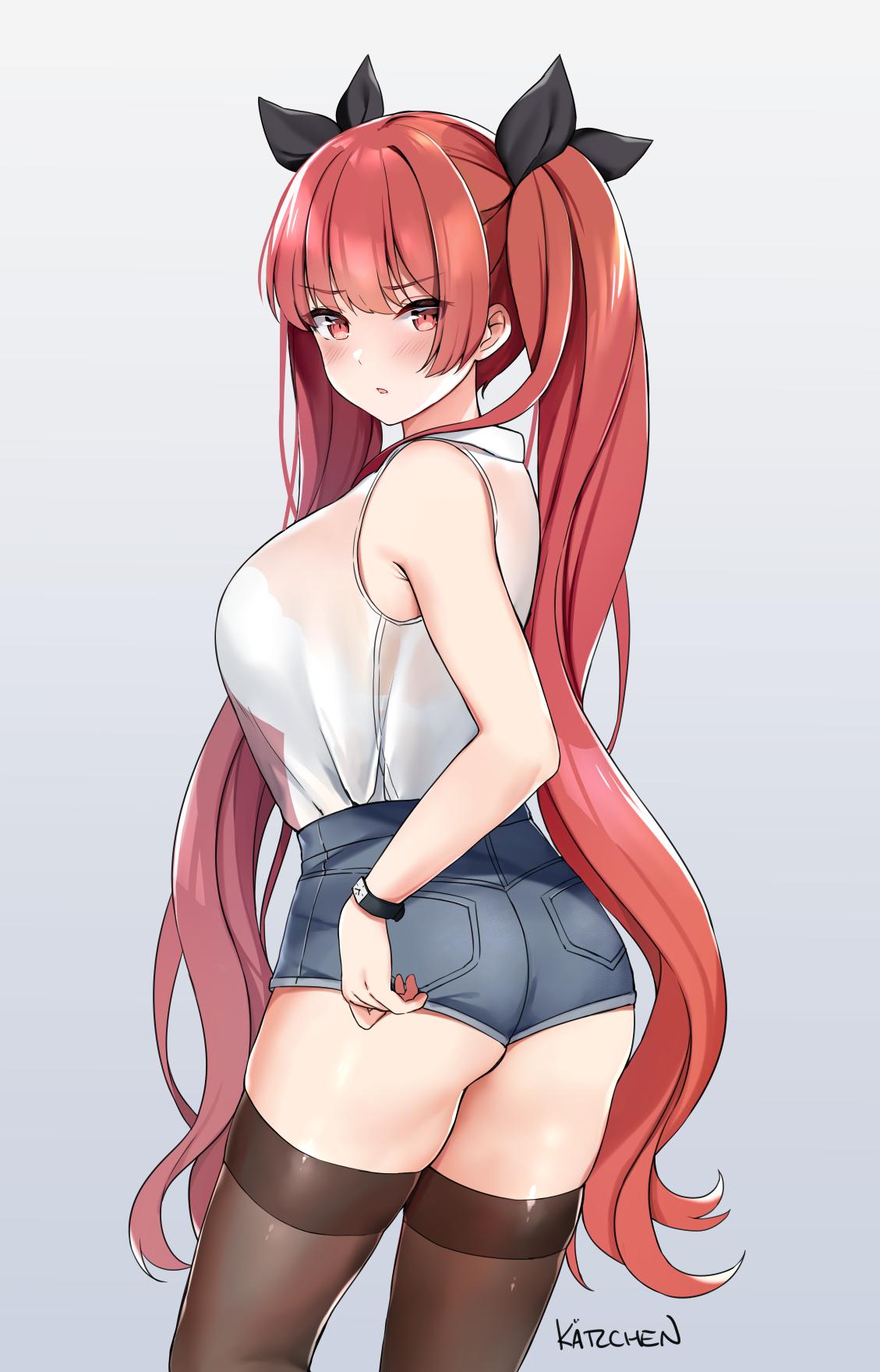 1girl artist_name ass azur_lane bangs bare_shoulders black_legwear black_ribbon blush bra bra_through_clothes breasts denim denim_shorts eyebrows_visible_through_hair from_behind gradient gradient_background hair_ribbon highres honolulu_(azur_lane) kaetzchen large_breasts long_hair looking_at_viewer looking_back open_mouth red_eyes redhead ribbon see-through shirt short_shorts shorts sleeveless sleeveless_shirt solo standing thigh-highs tied_hair twintails underwear very_long_hair white_bra white_shirt