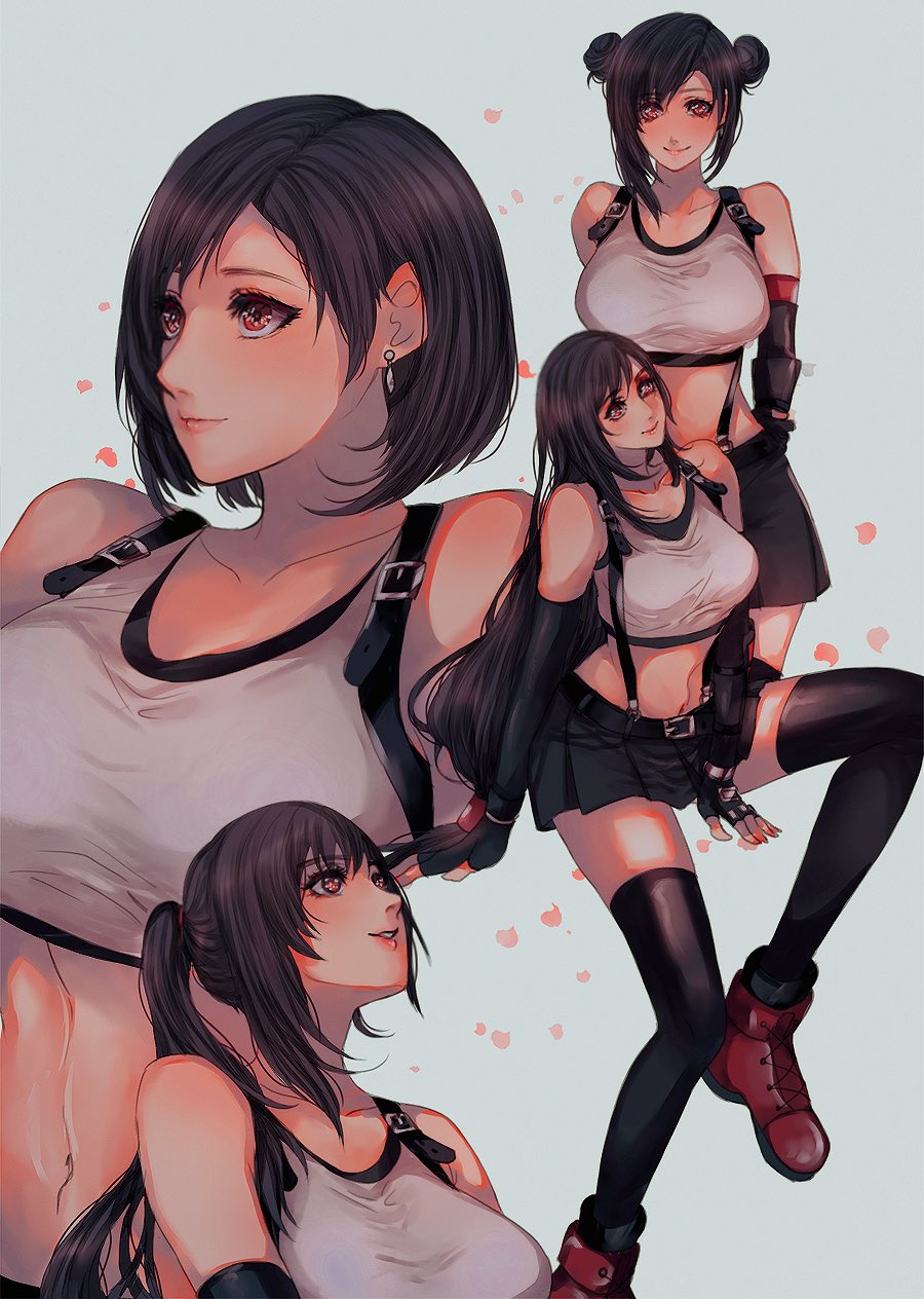 1girl bare_shoulders belt black_skirt breasts brown_hair collarbone double_bun earrings elbow_gloves elbow_pads english_commentary final_fantasy final_fantasy_vii final_fantasy_vii_remake fingerless_gloves gloves highres jewelry large_breasts long_hair low-tied_long_hair midriff miniskirt pencil_skirt pink_lips pleated_skirt ponytail red_footwear sera_(serappi) shirt short_hair sidelocks sitting skirt smile standing suspender_skirt suspenders tank_top taut_clothes taut_shirt thigh-highs thighs tifa_lockhart