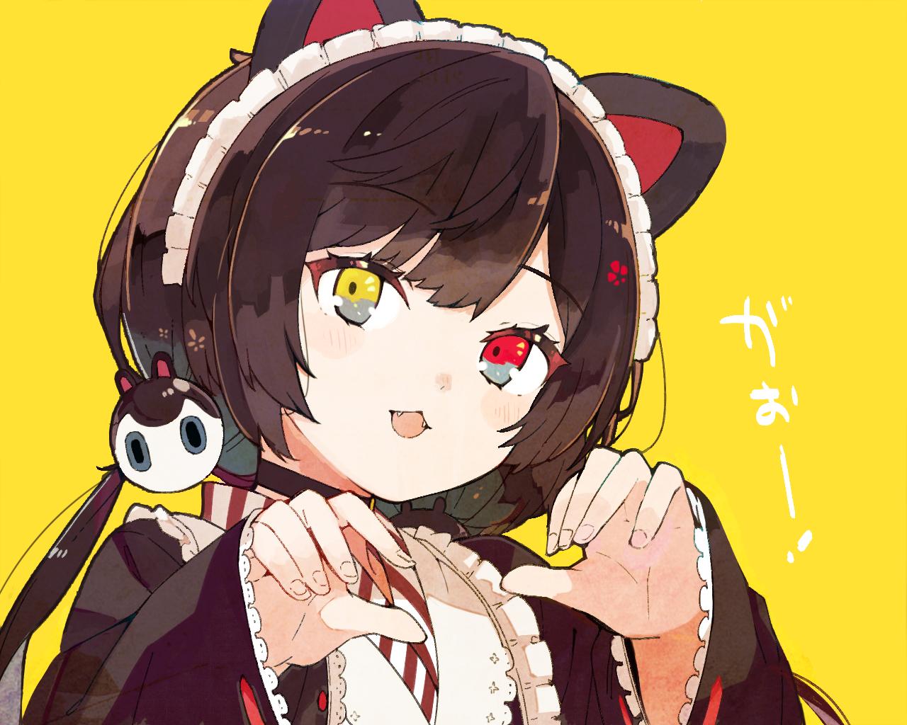 1girl :3 animal_ears apron bangs black_hair black_kimono blush claw_pose commentary dog_ears dog_hair_ornament dot_nose eyebrows_visible_through_hair fangs hands_up heterochromia inui_toko japanese_clothes kimono lace-trimmed_sleeves looking_at_viewer low_twintails maid_headdress namo_(goodbyetears) nijisanji open_mouth red_eyes simple_background sleeves_past_wrists solo twintails upper_body wa_maid wide_sleeves yellow_background yellow_eyes