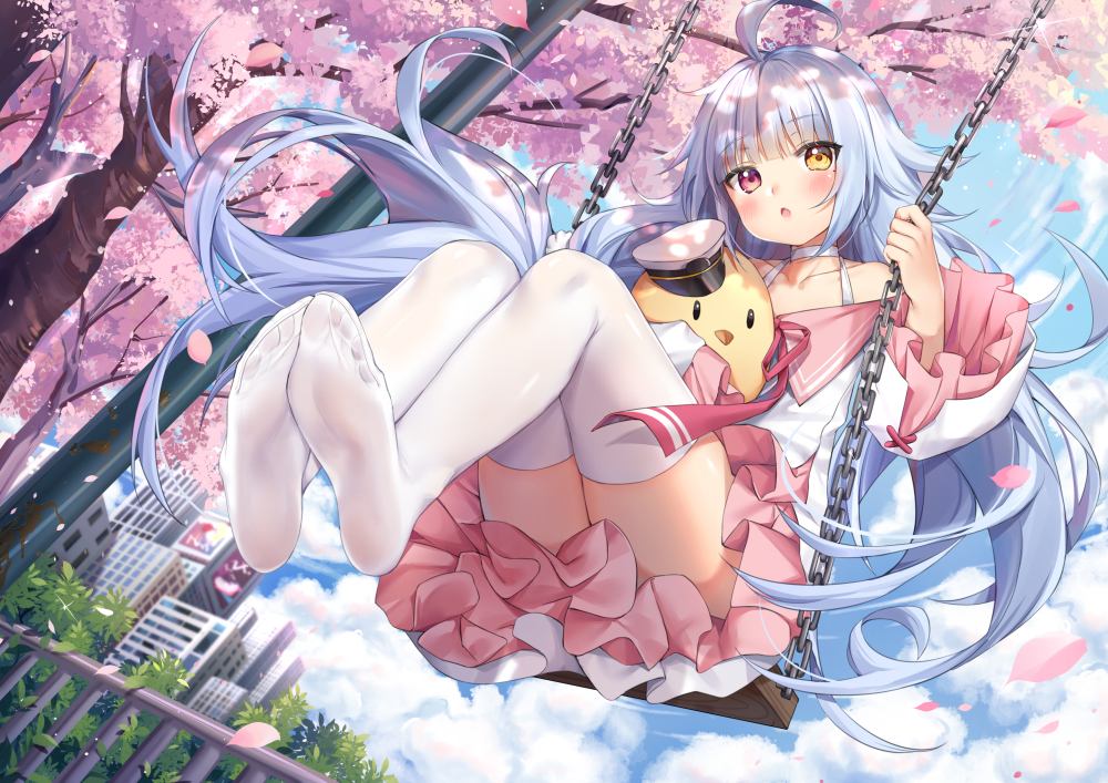 1girl :o ahoge animal azur_lane bare_shoulders bird blue_sky blush building chain cherry_blossoms chick choker cityscape clouds cloudy_sky collarbone day dutch_angle feet floating_hair hat heterochromia holding long_hair long_sleeves looking_at_viewer mamemena manjuu_(azur_lane) miniskirt nicholas_(azur_lane) no_shoes off_shoulder outdoors parted_lips peaked_cap petals pink_skirt railing red_eyes shirt silver_hair skirt sky solo swing thigh-highs thighs tree very_long_hair white_legwear white_shirt yellow_eyes