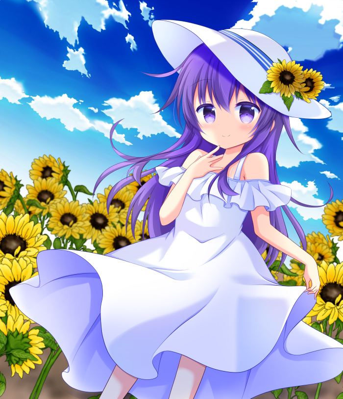1girl akatsuki_(kantai_collection) alternate_costume bare_shoulders clouds cloudy_sky commentary_request dress eyebrows_visible_through_hair flower hat kantai_collection kashiwadokoro long_hair looking_at_viewer outdoors purple_hair skirt skirt_lift sky sleeveless sleeveless_dress solo sundress sunflower violet_eyes white_dress
