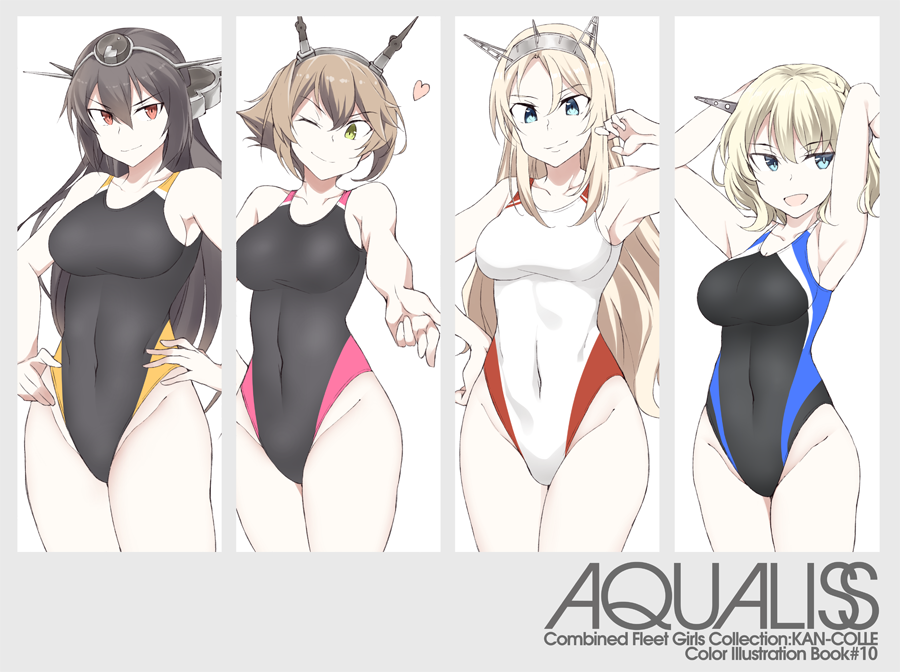 4girls armpits arms_up black_hair black_swimsuit blonde_hair blue_eyes breasts brown_hair colorado_(kantai_collection) competition_swimsuit cowboy_shot green_eyes hairband headgear kantai_collection large_breasts long_hair multiple_girls mutsu_(kantai_collection) nagato_(kantai_collection) nelson_(kantai_collection) one-piece_swimsuit red_eyes short_hair side_braids souji split_theme swimsuit white_swimsuit