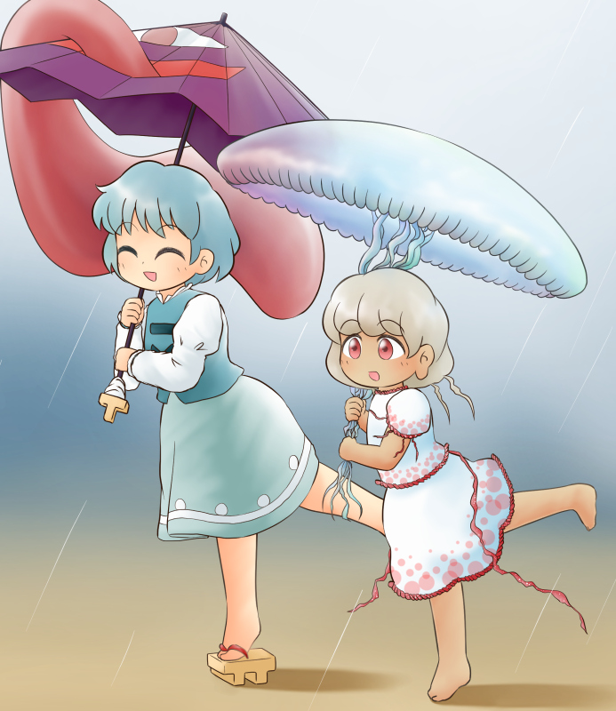 2girls ^_^ animal bangs barefoot blue_hair blue_skirt blue_vest chibi closed_eyes dark_skin earlobes ebisu_eika eyebrows_visible_through_hair geta gradient gradient_background holding holding_animal holding_umbrella jellyfish juliet_sleeves karakasa_obake light_brown_hair long_sleeves looking_to_the_side multiple_girls puffy_sleeves rain red_eyes shadow shirt short_hair skirt skirt_set standing standing_on_one_leg tatara_kogasa tongue touhou triangle_mouth umbrella vest white_shirt white_skirt yukimuro