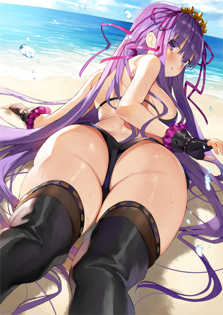 1girl :o ass bangs bare_shoulders bb_(fate)_(all) bb_(swimsuit_mooncancer)_(fate) beach bikini black_gloves black_legwear blush breasts day detexted dutch_angle eyebrows_visible_through_hair fate/grand_order fate_(series) fingerless_gloves from_behind gloves hair_ribbon horizon large_breasts long_hair looking_at_viewer looking_back matsui_hiroaki ocean outdoors parted_lips purple_bikini purple_hair ribbon sideboob sidelocks solo star swimsuit thigh-highs third-party_edit very_long_hair violet_eyes water_drop wet