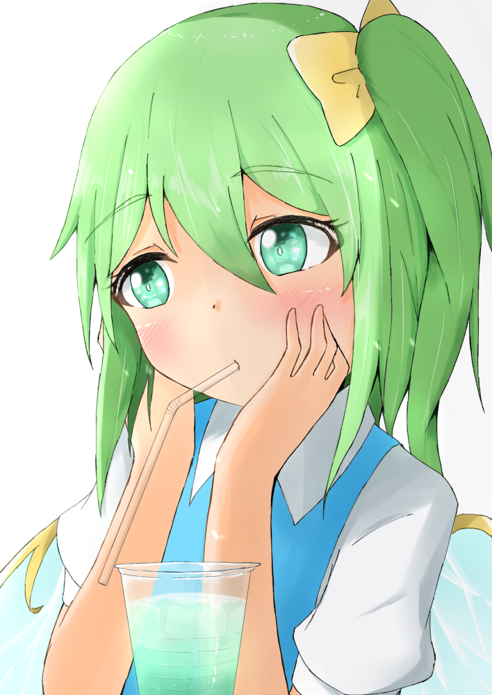 1girl arms_up blue_dress blush bright_pupils cup daiyousei dress drinking_straw eyebrows_visible_through_hair fairy_wings green_eyes green_hair hair_between_eyes hair_ribbon hands_on_own_face head_tilt ice looking_to_the_side mizune_(winter) mouth_hold pinafore_dress ribbon shirt short_hair short_sleeves side_ponytail simple_background solo thick_eyebrows touhou upper_body white_background white_pupils white_shirt wings