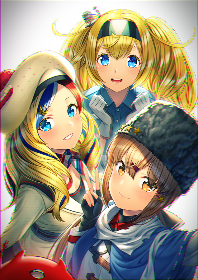 3girls anchor_hair_ornament anchor_necklace bangs beret black_bow black_gloves black_headwear blonde_hair blue_eyes blue_shawl blue_shirt blush bow brown_eyes brown_hair closed_mouth collared_shirt commandant_teste_(kantai_collection) commentary_request eyebrows_visible_through_hair fingerless_gloves gambier_bay_(kantai_collection) gloves hair_between_eyes hair_bow hair_ornament hairband hairclip hammer_and_sickle hat jacket kantai_collection kyon_(fuuran) long_hair looking_at_viewer low_twintails multicolored multicolored_clothes multicolored_hair multicolored_scarf multiple_girls open_mouth papakha pom_pom_(clothes) red_shirt redhead scarf shirt simple_background smile standing star streaked_hair swept_bangs tashkent_(kantai_collection) torn_scarf twintails v wavy_hair white_background white_jacket white_scarf