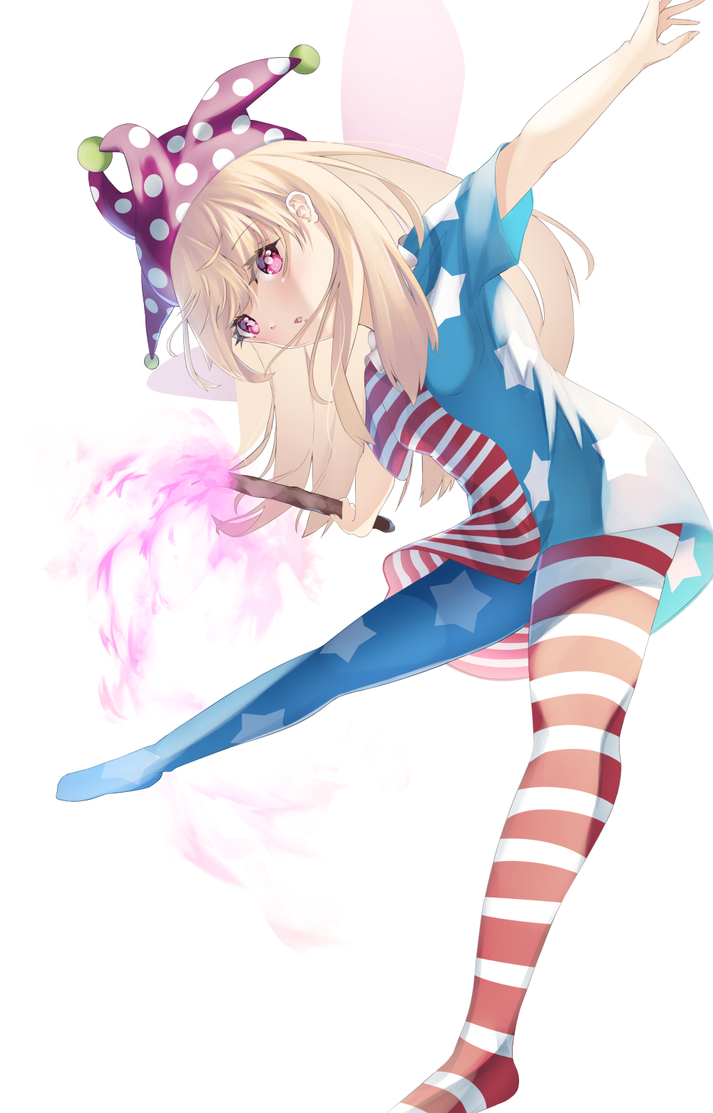1girl :o american_flag_legwear american_flag_shirt arms_up bangs blonde_hair breasts cacao_devil clownpiece commentary_request eyebrows_visible_through_hair fairy_wings hat highres holding_torch jester_cap leaning_forward leaning_to_the_side legs_apart long_hair looking_at_viewer outstretched_arms polka_dot_hat red_eyes short_sleeves simple_background small_breasts solo spread_arms standing standing_on_one_leg torch touhou very_long_hair white_background wings