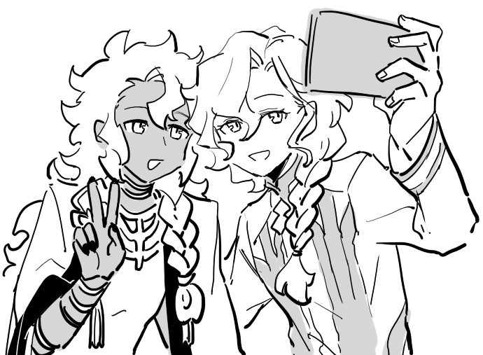 2boys braid cellphone dark_skin dark_skinned_male fate/grand_order fate_(series) greyscale long_hair look-alike male_focus marisbury_animusphere monochrome multiple_boys naoaka open_mouth phone self_shot single_braid smartphone smile solomon_(fate/grand_order) taking_picture v