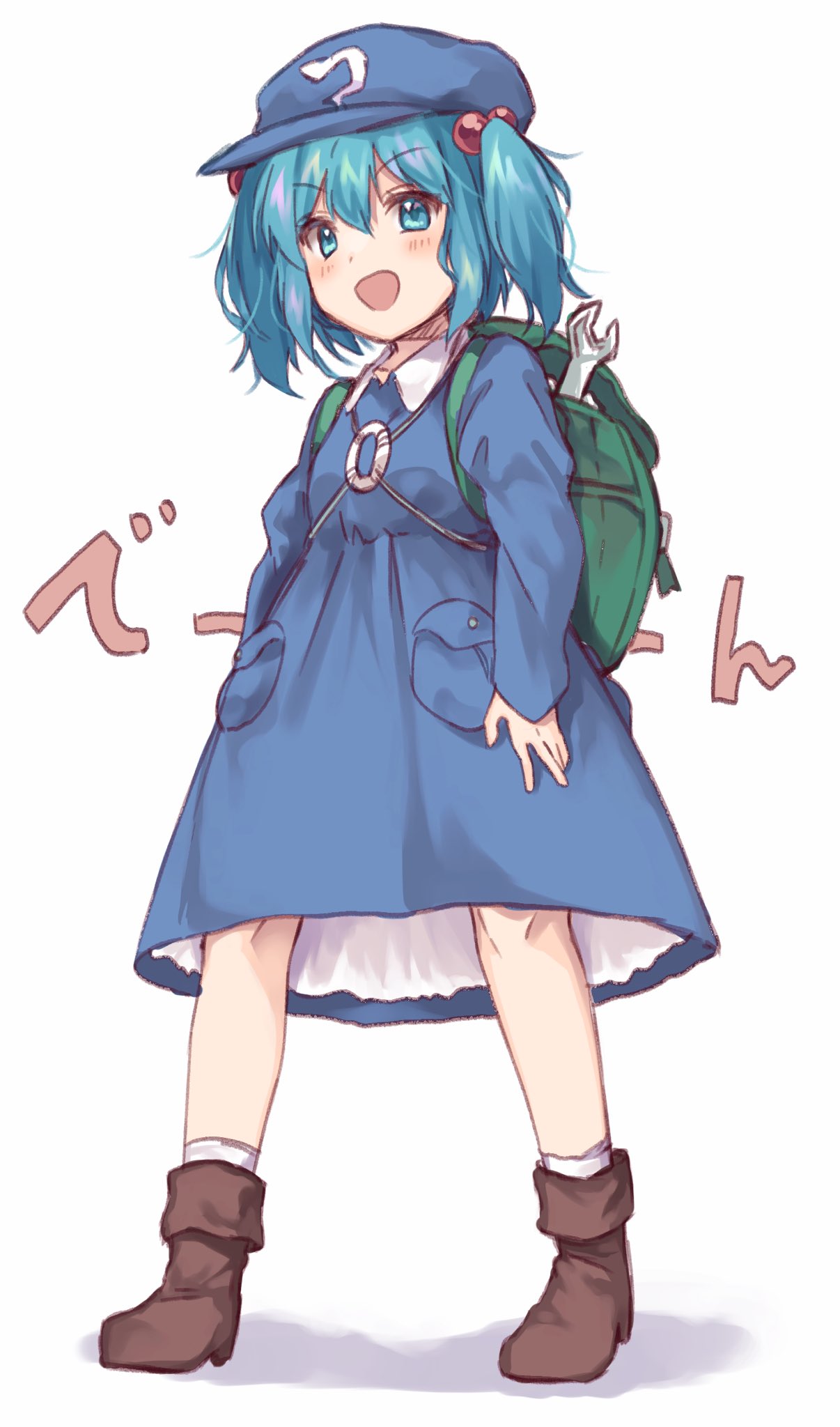 1girl :d arms_at_sides backpack bag bangs blue_dress blue_eyes blue_hair blue_headwear boots brown_footwear commentary_request dress eyebrows_visible_through_hair full_body hair_bobbles hair_ornament hat highres kawashiro_nitori kizitora_hato long_sleeves open_mouth pocket short_hair simple_background smile socks solo standing touhou two_side_up v-shaped_eyebrows white_background white_legwear wing_collar wrench