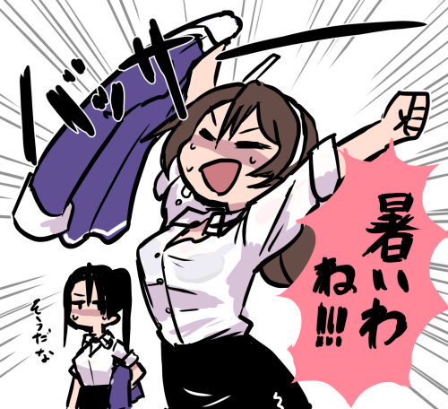 absurdly_long_hair ashigara_(kantai_collection) black_hair blush brown_hair elbow_gloves gloves jacket jacket_removed kantai_collection long_hair lowres nachi_(kantai_collection) remodel_(kantai_collection) side_ponytail skirt sweat terrajin translation_request uniform very_long_hair