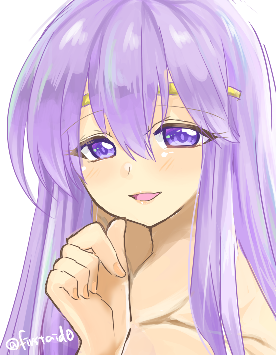 1girl blush collarbone eyebrows_visible_through_hair fire_emblem fire_emblem:_genealogy_of_the_holy_war hair_between_eyes headband julia_(fire_emblem) lavender_hair long_hair looking_at_viewer open_mouth portrait simple_background smile solo straight_hair twitter_username violet_eyes white_background yukia_(firstaid0)