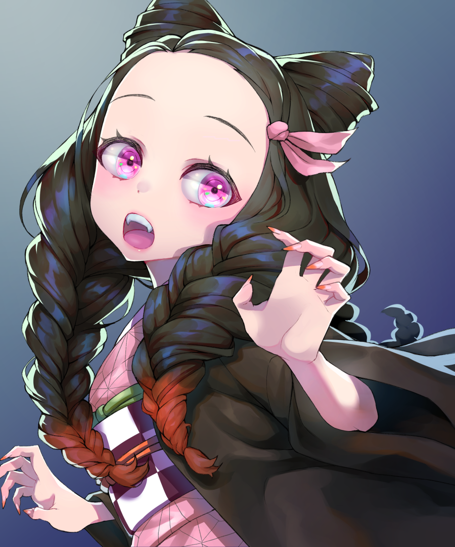 1girl bangs black_hair blush bouhouji braid brown_hair fangs fingernails forehead gradient_hair hair_ribbon japanese_clothes kamado_nezuko kimetsu_no_yaiba kimono long_hair multicolored multicolored_hair multicolored_nails nail_polish obi open_clothes open_mouth orange_nails parted_bangs pink_eyes pink_kimono pink_nails pink_ribbon ribbon sash short_sleeves solo twin_braids wide_sleeves