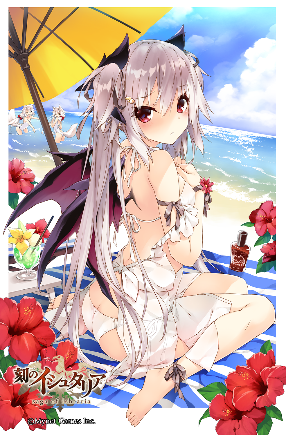 3girls ;d ^_^ age_of_ishtaria animal_ear_fluff animal_ears ass bare_shoulders barefoot beach_umbrella bikini blanket blue_sky blush breasts butt_crack casual_one-piece_swimsuit character_request closed_eyes clouds cloudy_sky copyright_name cup day drinking_glass flower fox_ears fox_girl fox_tail green_ribbon hair_ribbon highres horizon long_hair looking_at_viewer looking_back multiple_girls nose_blush ocean one-piece_swimsuit one_eye_closed open_mouth outdoors red_eyes red_flower red_wings ribbon saeki_touma see-through side-tie_bikini silver_hair sitting sky small_breasts smile solo_focus splashing standing striped swimsuit tail twintails umbrella very_long_hair wariza water watermark white_bikini white_swimsuit wings yellow_flower