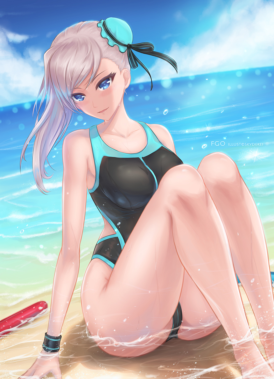 1girl arm_support ass asymmetrical_hair beach black_swimsuit blue_eyes blue_sky breasts bun_cover collarbone competition_swimsuit day fate/grand_order fate_(series) hair_bun highleg highleg_swimsuit highres large_breasts long_hair miyamoto_musashi_(fate/grand_order) ocean one-piece_swimsuit outdoors partially_submerged sky skyde_kei solo swimsuit