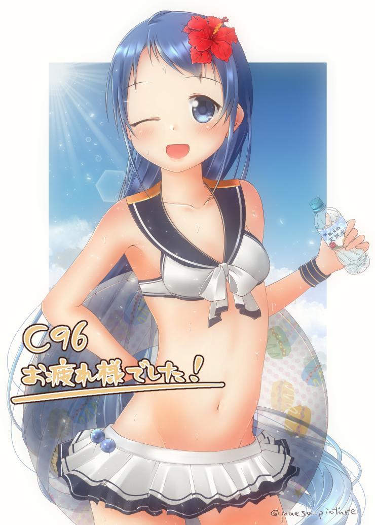 adapted_costume artist_name bangs bikini bikini_skirt blue_eyes blue_hair blush bottle bow_bikini breasts clouds cloudy_sky collarbone comiket_96 commentary_request flower hair_flower hair_ornament holding holding_bottle innertube kantai_collection light_rays long_hair looking_at_viewer mae_(maesanpicture) navel one_eye_closed open_mouth red_flower sailor_collar samidare_(kantai_collection) sky small_breasts smile sun sunbeam sunlight swept_bangs swimsuit translated very_long_hair white_bikini wristband