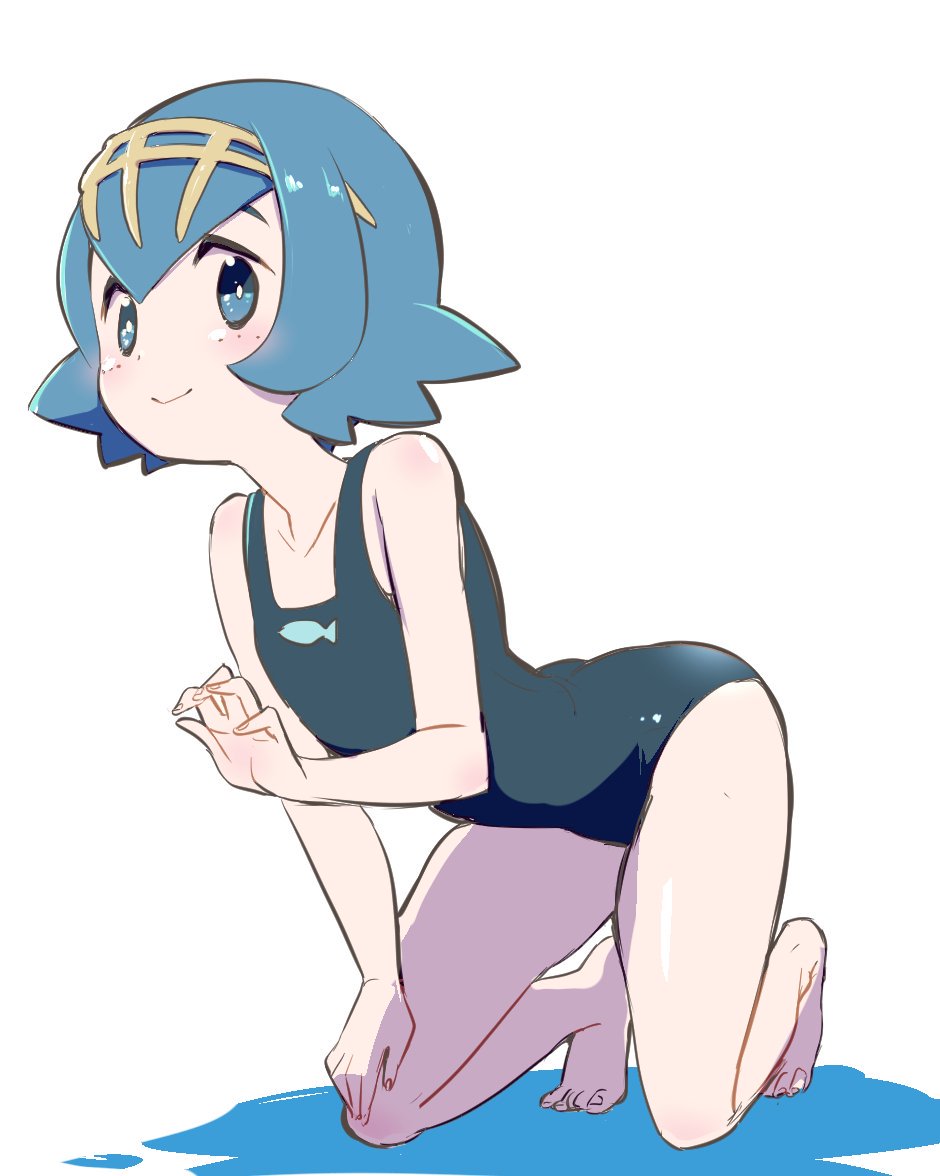 1girl barefoot blue_eyes blue_hair chorimokki closed_mouth full_body hairband kneeling one-piece_swimsuit pokemon pokemon_(game) pokemon_sm short_hair simple_background smile solo suiren_(pokemon) swimsuit trial_captain white_background