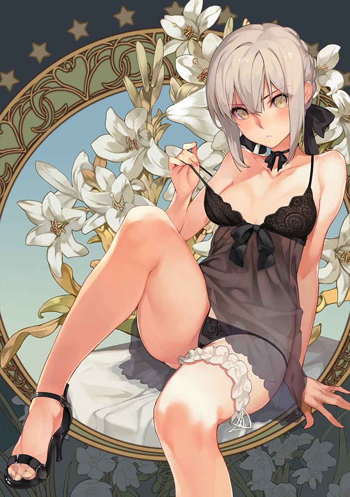 1girl arm_at_side arm_support artoria_pendragon_(all) bangs bare_arms bare_legs black_footwear black_panties black_ribbon blush braid breasts chemise choker collarbone crossed_bangs crown_braid eyebrows_visible_through_hair fate/grand_order fate_(series) feet_out_of_frame flower french_braid grey_hair hair_between_eyes hair_ribbon hand_up high_heels knee_up lace lace_trim leg_garter lily_(flower) lingerie looking_at_viewer lowleg lowleg_panties oneko open_toe_shoes panties parted_lips pulled_by_self ribbon ribbon_choker saber_alter see-through short_hair sidelocks sitting small_breasts solo strap_pull strap_slip strappy_heels string_panties thigh_strap tied_hair toes underwear v-shaped_eyebrows white_flower yellow_eyes
