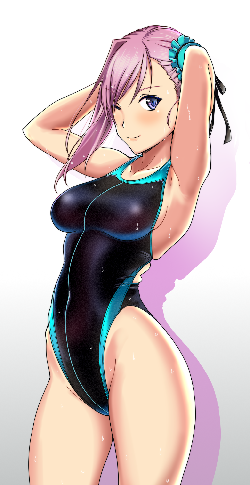 1girl aiuchi arms_behind_head black_swimsuit blue_eyes breasts bun_cover competition_swimsuit cowboy_shot fate/grand_order fate_(series) gradient gradient_background hair_bun hair_ornament highleg highleg_swimsuit highres looking_at_viewer medium_breasts miyamoto_musashi_(fate/grand_order) one-piece_swimsuit one_eye_closed pink_hair side_ponytail solo standing swimsuit white_background
