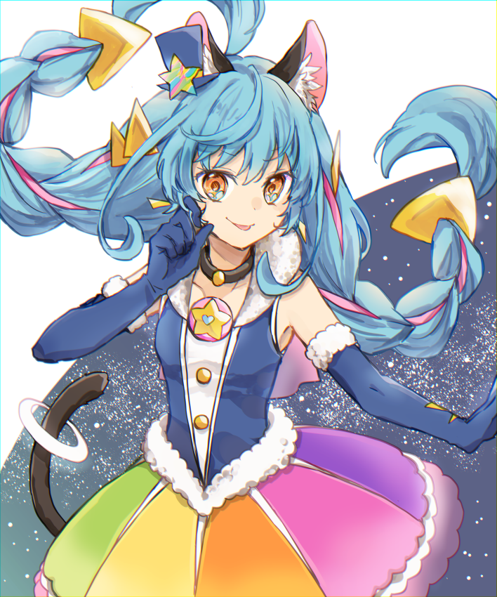 1girl animal_ear_fluff animal_ears black_neckwear blue_gloves blue_hair blue_shirt braid cat_ears cat_tail choker cowboy_shot cure_cosmo earrings elbow_gloves gloves hat jewelry long_hair looking_at_viewer magical_girl mini_hat mini_top_hat multicolored multicolored_clothes multicolored_hair multicolored_skirt orange_eyes pink_hair precure rainbow_skirt shirt skirt sleeveless sleeveless_shirt smile solo star_twinkle_precure streaked_hair tail tail_ring top_hat twin_braids two-tone_hair utaori yuni_(precure)