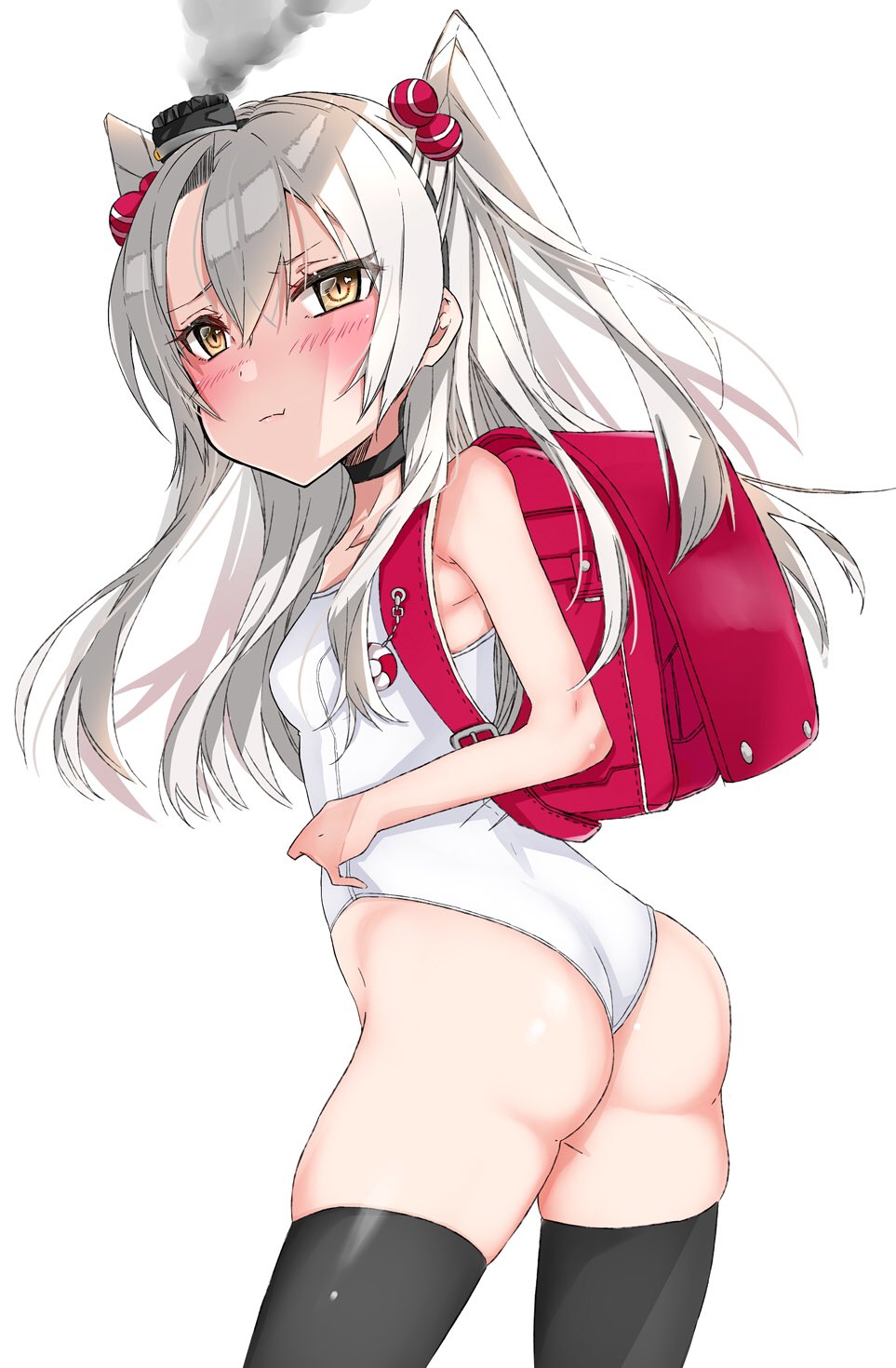 1girl alternate_costume amatsukaze_(kantai_collection) ass backpack bag black_legwear blush brown_eyes chigasaki_y commentary_request cowboy_shot from_behind hair_bobbles hair_ornament hat highres kantai_collection long_hair looking_at_viewer looking_back mini_hat pout randoseru school_swimsuit silver_hair simple_background smoke solo standing swimsuit thigh-highs two_side_up white_background white_school_swimsuit white_swimsuit