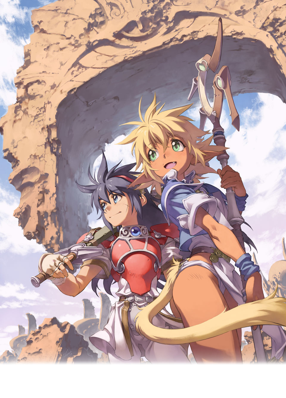 2girls armor blue_eyes blue_hair carrying_over_shoulder copyright_name day fam fang fingerless_gloves gloves green_eyes hairband highres hikyou_tanken_fam_&amp;_ihrie holding holding_staff holding_sword holding_weapon ihrie long_hair multiple_girls official_art open_mouth outdoors pelvic_curtain pointy_ears short_sleeves staff sword tail tanaka_kunihiko weapon