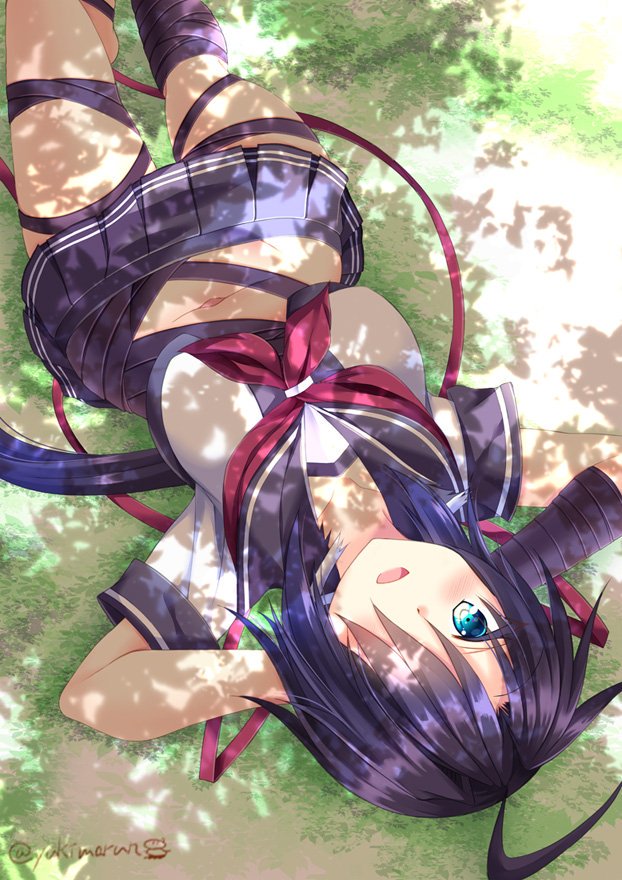 1girl ahoge arms_behind_head bangs black_hair blue_eyes blue_skirt cowboy_shot dappled_sunlight grass hair_ornament hair_over_one_eye hairclip kako_(kantai_collection) kantai_collection long_hair lying messy_hair midriff neckerchief parted_bangs pleated_skirt ponytail red_neckwear remodel_(kantai_collection) school_uniform serafuku skirt solo sunlight tamagawa_yukimaru twitter_username