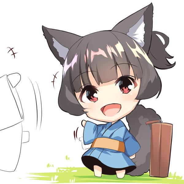 +++ 1girl :d afterimage animal_ears bangs barefoot black_hair blue_kimono chibi commentary_request eyebrows_visible_through_hair fox_ears fox_girl fox_tail japanese_clothes kimono long_sleeves obi open_mouth original red_eyes sash short_hair sidelocks smile solo_focus suitcase tail tail_raised waving white_background wide_sleeves yuuji_(yukimimi)