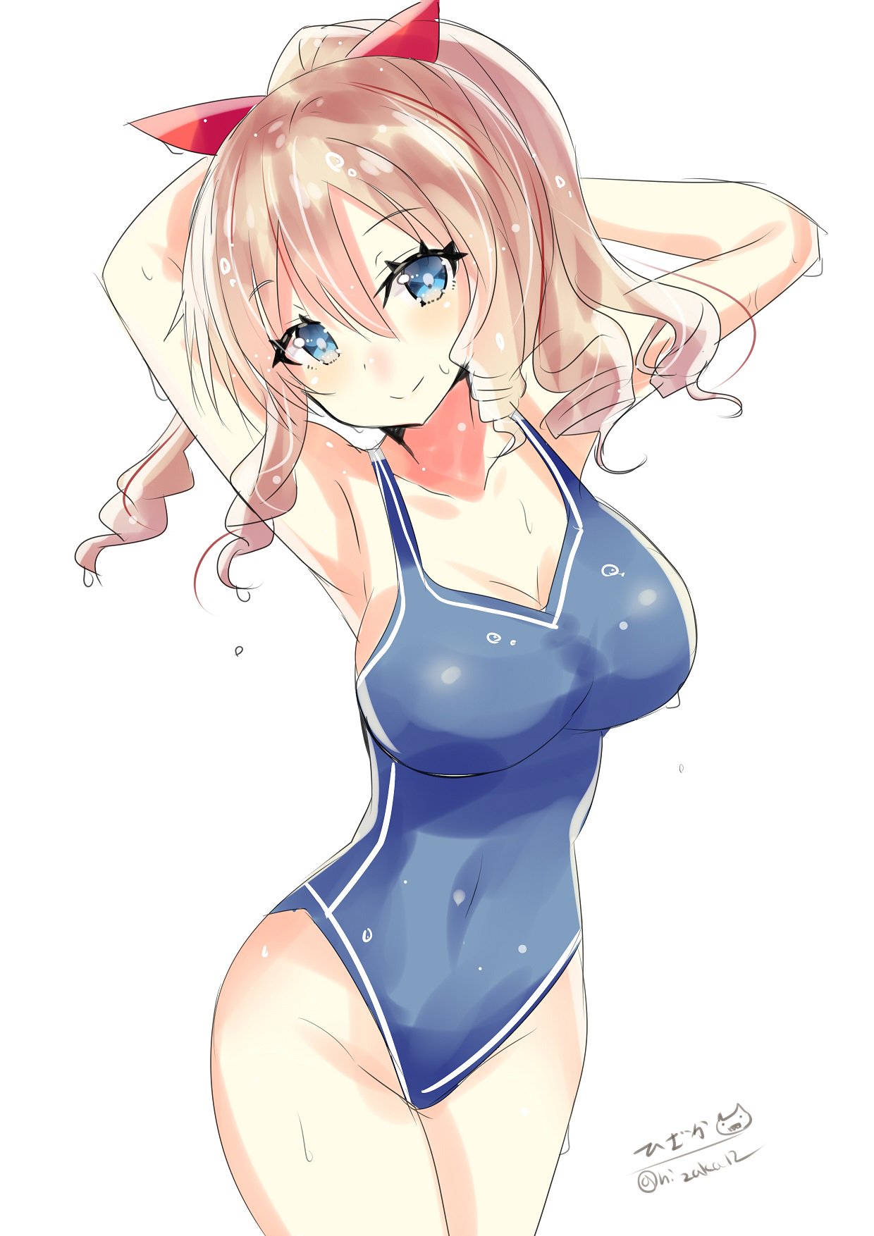 1girl blue_eyes blue_swimsuit blush breasts closed_mouth competition_swimsuit drill_hair eyebrows_visible_through_hair hair_between_eyes hair_ornament hair_ribbon hatakaze_(kantai_collection) highres hizaka kantai_collection large_breasts light_brown_hair long_hair looking_at_viewer one-piece_swimsuit ponytail red_ribbon ribbon simple_background smile solo swimsuit white_background