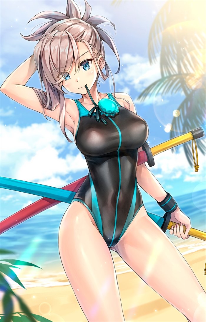 1girl beach black_swimsuit blue_eyes blue_sky clouds commentary_request contrapposto cowboy_shot day dutch_angle fate/grand_order fate_(series) hair_ornament horizon kantai_collection kotatsu_(kotatsu358) long_hair looking_at_viewer miyamoto_musashi_(fate/grand_order) mouth_hold ocean outdoors pink_hair pole ponytail sky solo standing swimsuit sword weapon wristband