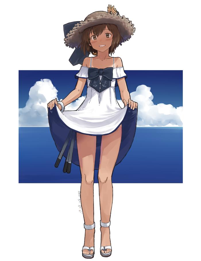 1girl anchor_symbol bare_legs bare_shoulders black_bow bow bra_strap breasts brown_eyes brown_hair brown_headwear clouds cloudy_sky collarbone dated dress eyebrows_visible_through_hair full_body hat hat_bow horizon kantai_collection kawashina_(momen_silicon) looking_at_viewer ocean off-shoulder_dress off_shoulder one-piece_tan outside_border parted_lips sandals short_hair skirt_hold sky smile solo standing straw_hat sun tan tanline torpedo water white_dress white_footwear yukikaze_(kantai_collection)